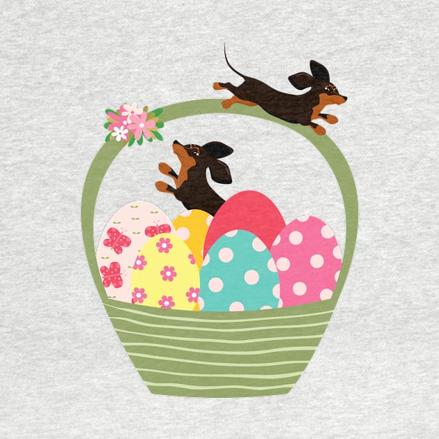 Dachshund Dog with Easter Eggs in Basket by Seasonal Dogs